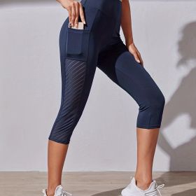 High-Waisted Yoga Capri Leggings for Women – Mesh Design & Tummy Control (Color: Navy Blue, size: XL(12))